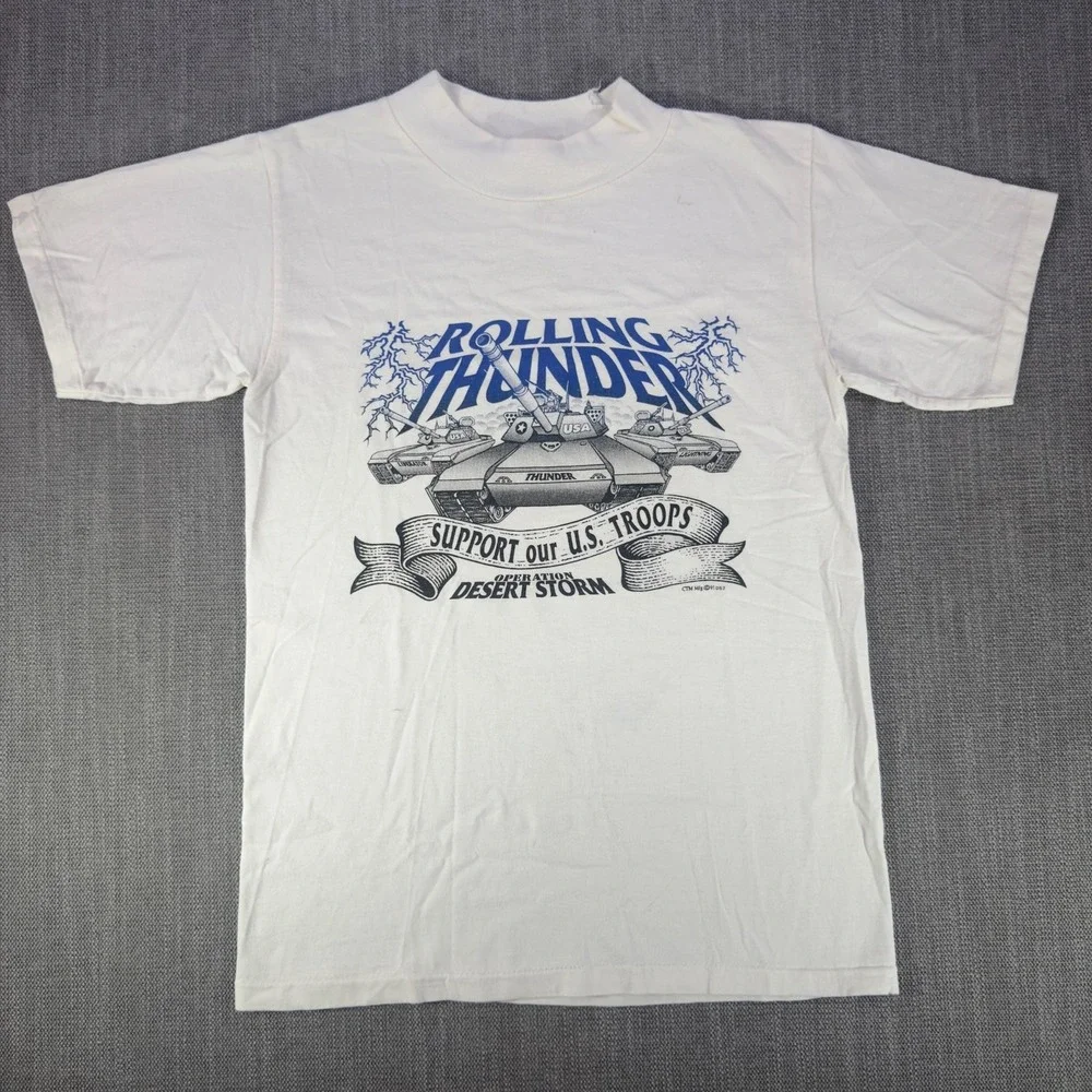 Vintage Rolling Thunder Shirt Mens Small White Desert Storm Tee Gateway Tees USA